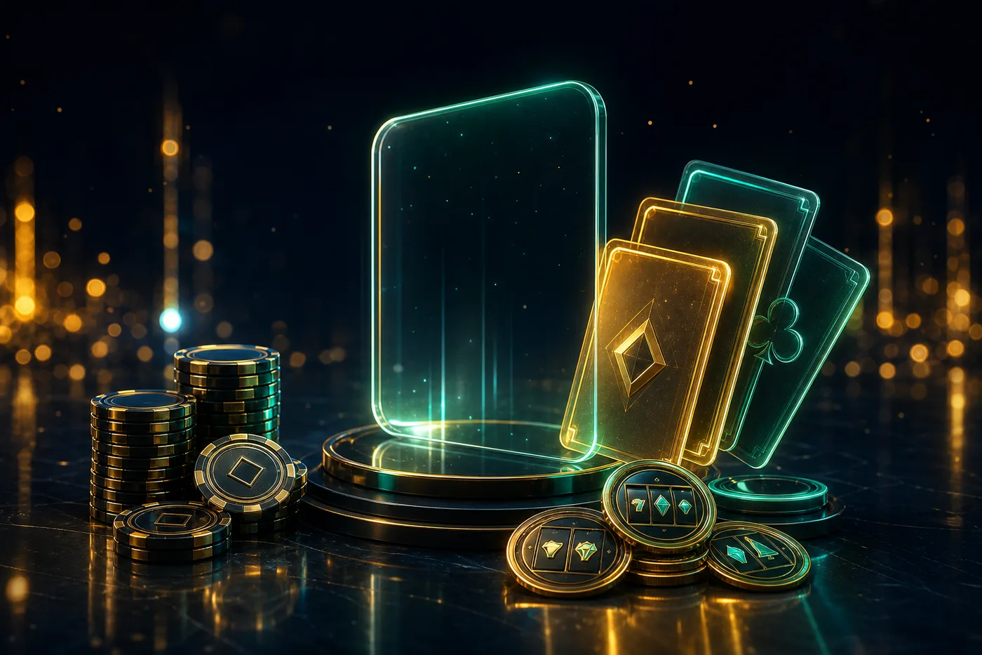 Fichas y tarjetas de bono sobre la mesa del lobby de Nano Casino